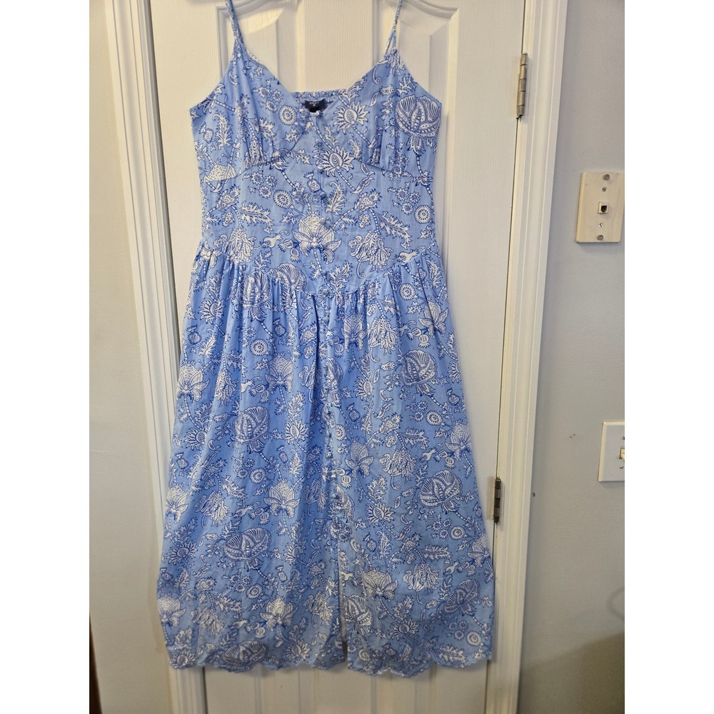 Roller Rabbit Blue Floral Midi Dress Scalloped Hem Smocked Back Coastal Resort M